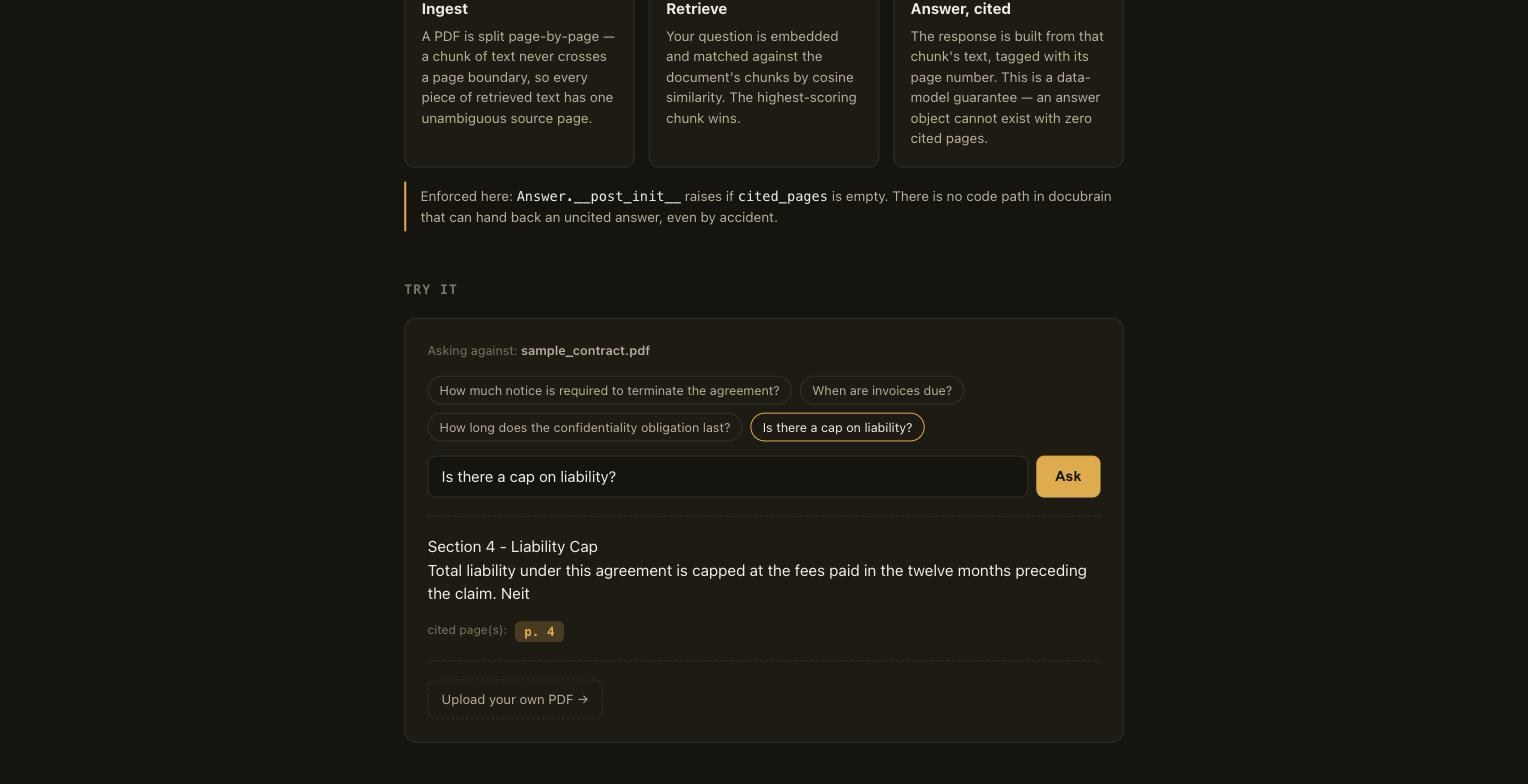docubrain — a liability-cap question answered and cited to page 4 of the sample contract